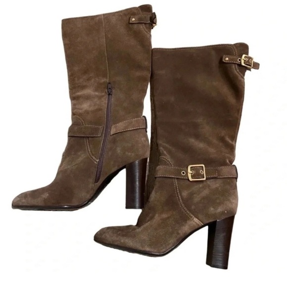Coach Robynn Suede Mid-Calf Heel Boots Brown - Picture 4 of 6